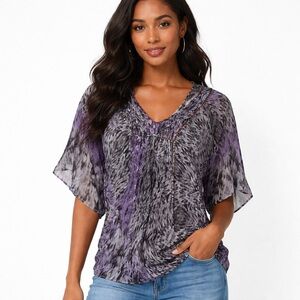 Buffalo David Bitton Abstract Purple Gray V-Neck Blouse Size S